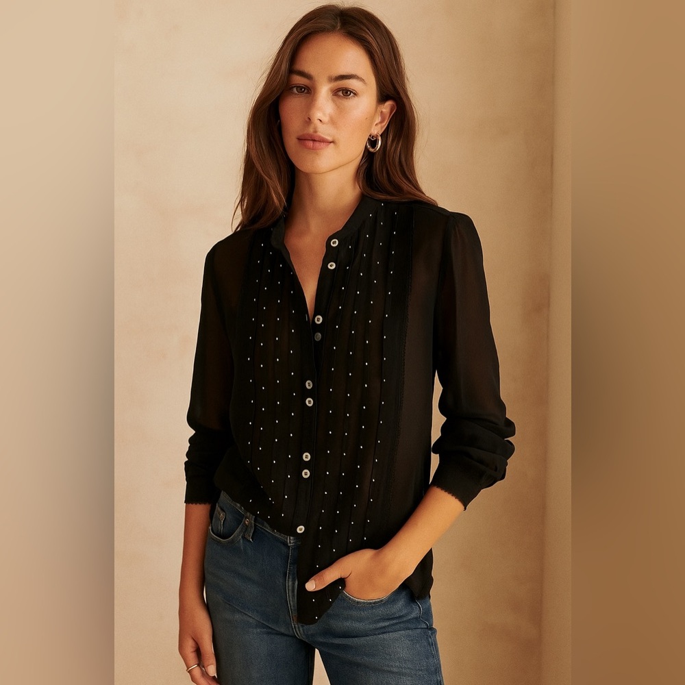 SUSAN BRISTOL Silk Black Button Up Sheer Blouse Size Small Vintage